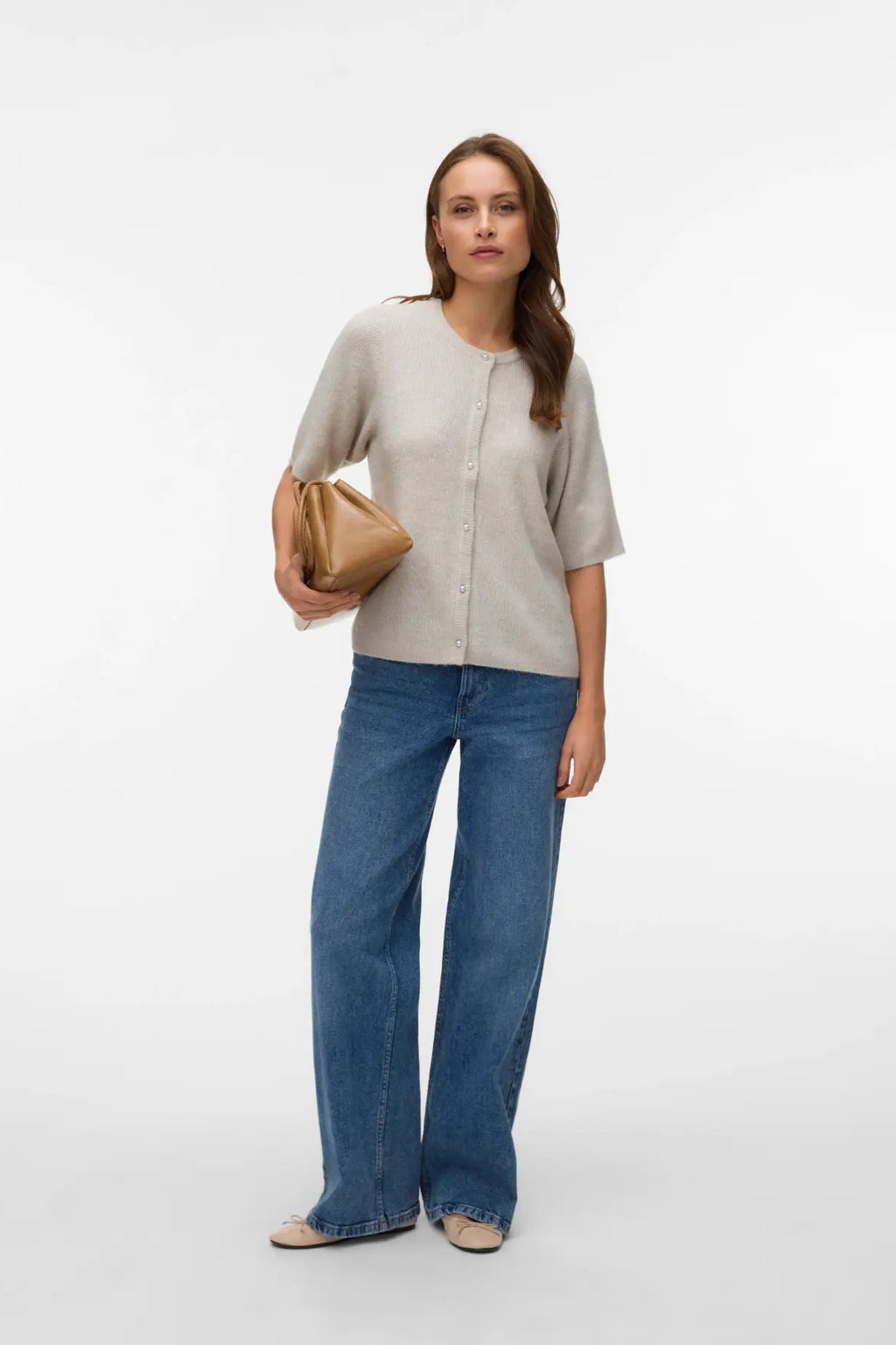 Lefile 2/4 O-Neck Perle Cardigan - Pumice Stone Melange
