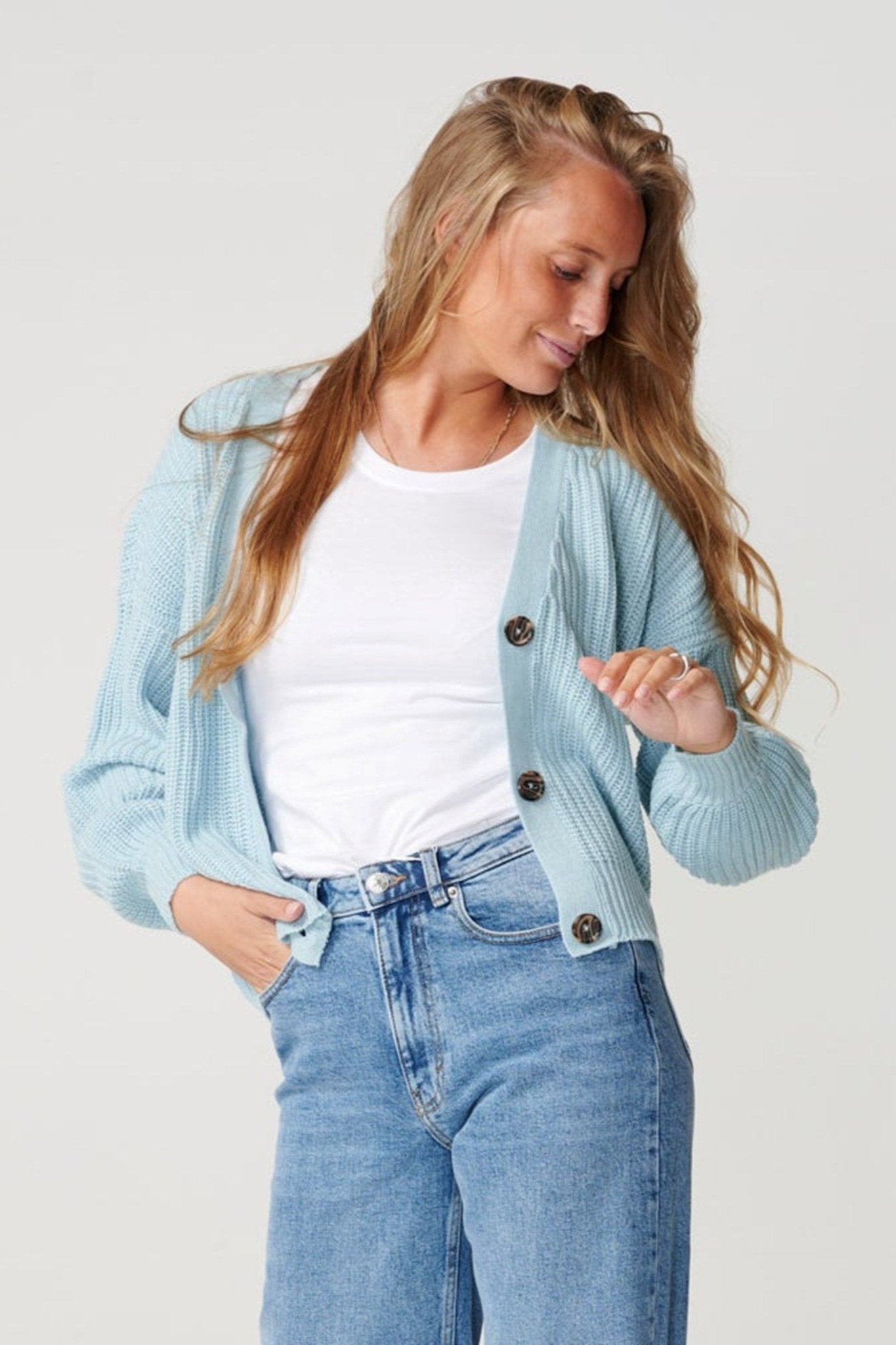 Knappet Cardigan - Blue fog - ONLY - Blå 5