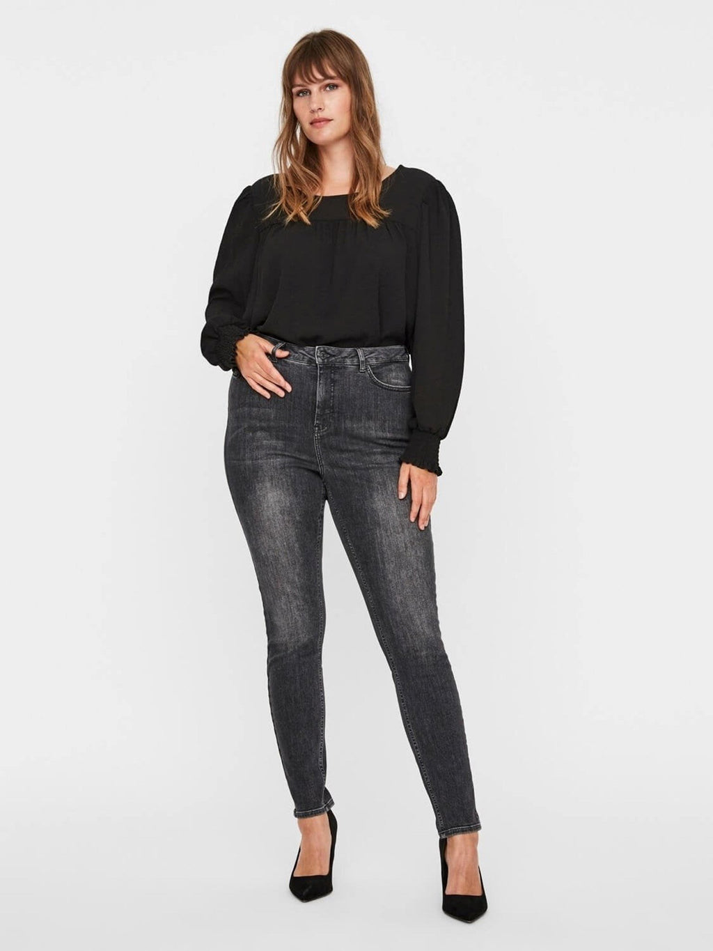 Lora Jeans high waisted (Curve) - Sort-grå denim