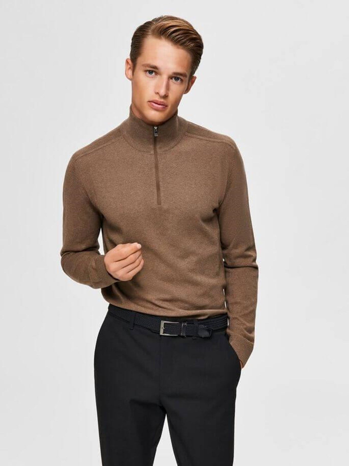 Pima half zip pullover - Brun - Selected Homme - Brun