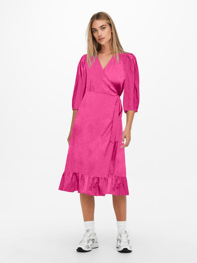 Olivia 3/4 Wrap Midi Dress - Fuchsia Purple - ONLY - Lyserød